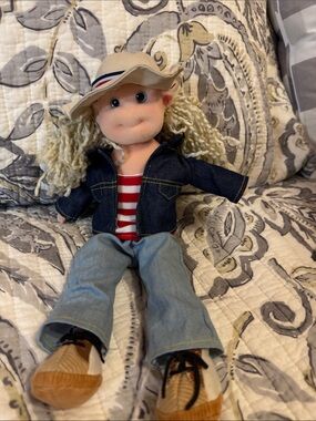 Plush Fashion Doll with Cream Yarn Hair and Blue Denim Outfit